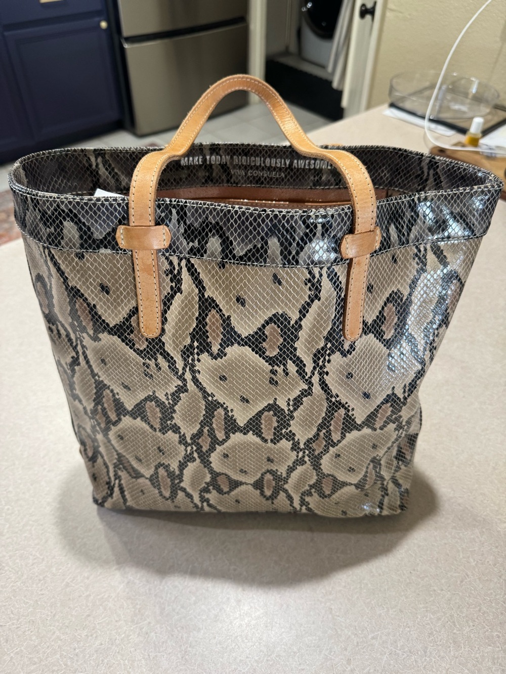 Consuelo Snake-Print Tote Bag with Tan Handles